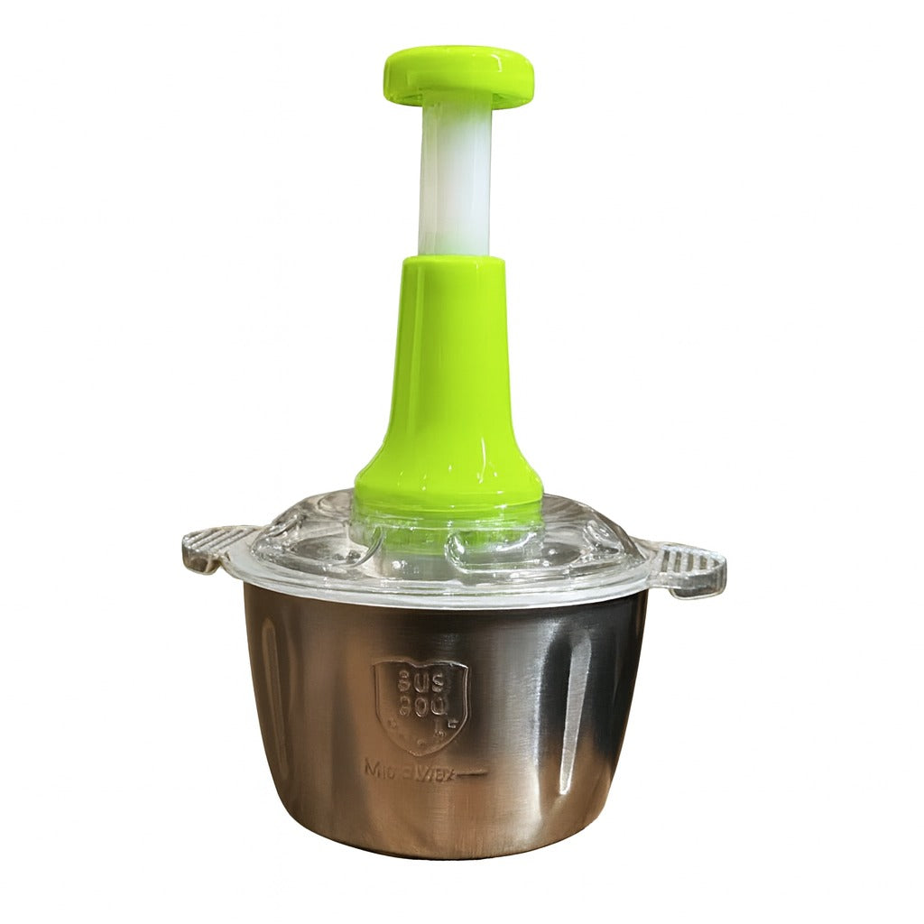 Manual Food Chopper 2L stainless steel cutter with green handle for easy food preparation.