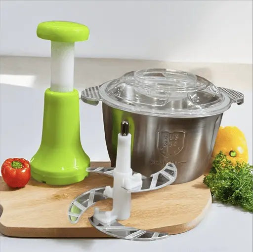 Manual Food Chopper 2L stainless steel with green handle for easy vegetable and fruit chopping.