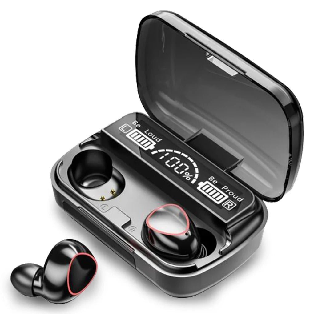 M10 TWS Bluetooth 5.3 Earbuds in charging case with LED display showing battery level.