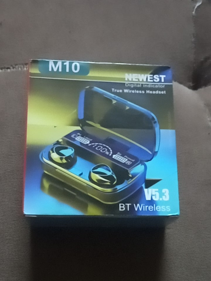 M10 TWS Bluetooth 5.3 Earbuds charging case with LED display, showcasing battery levels and design.