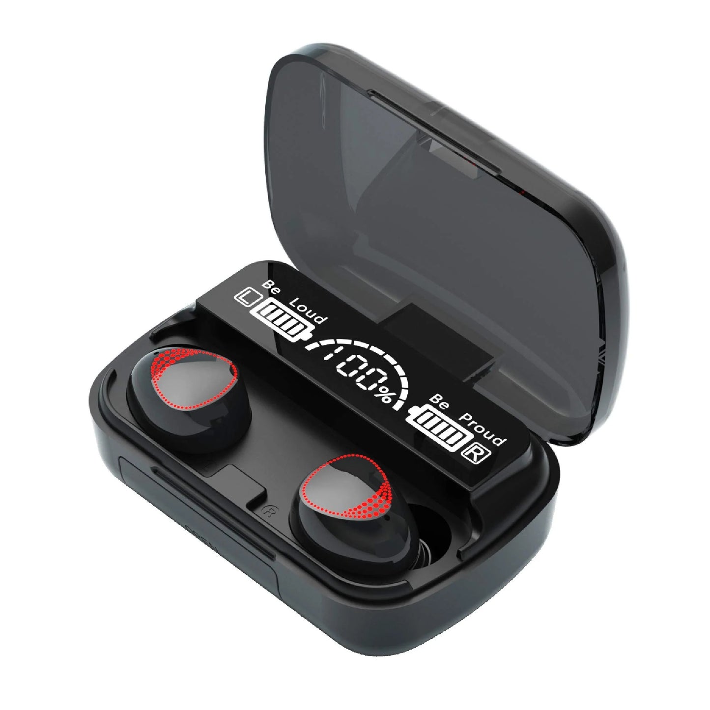 M10 TWS Bluetooth 5.3 Earbuds charging case with LED display, showcasing battery levels and design.