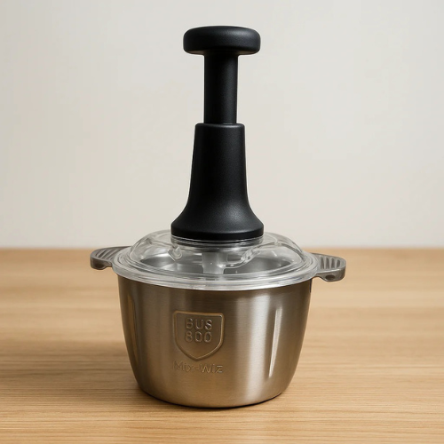 Manual Food Chopper 2L stainless steel cutter with hand push blade for easy vegetable chopping.
